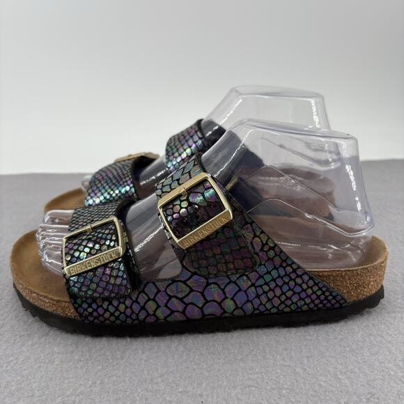 Birkenstock Arizona Sandals 37 US 6-6.5 Iridescent Snake Scale Black Two Strap - Picture 2 of 15